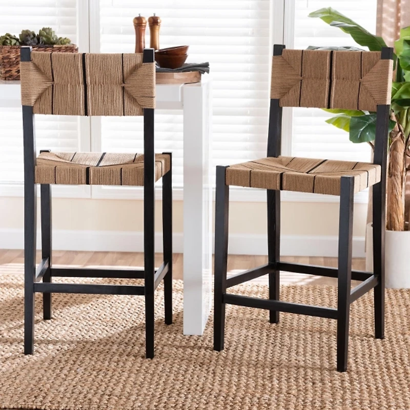 Black Wood Woven Prita Bar Stools, Set of 2
