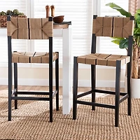 Black Wood Woven Prita Bar Stools, Set of 2