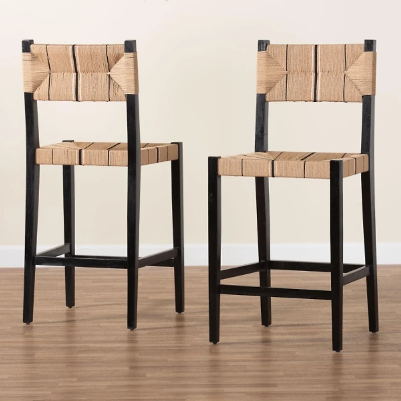 Black Wood Woven Prita Bar Stools, Set of 2