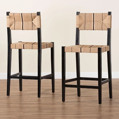Black Wood Woven Prita Bar Stools, Set of 2