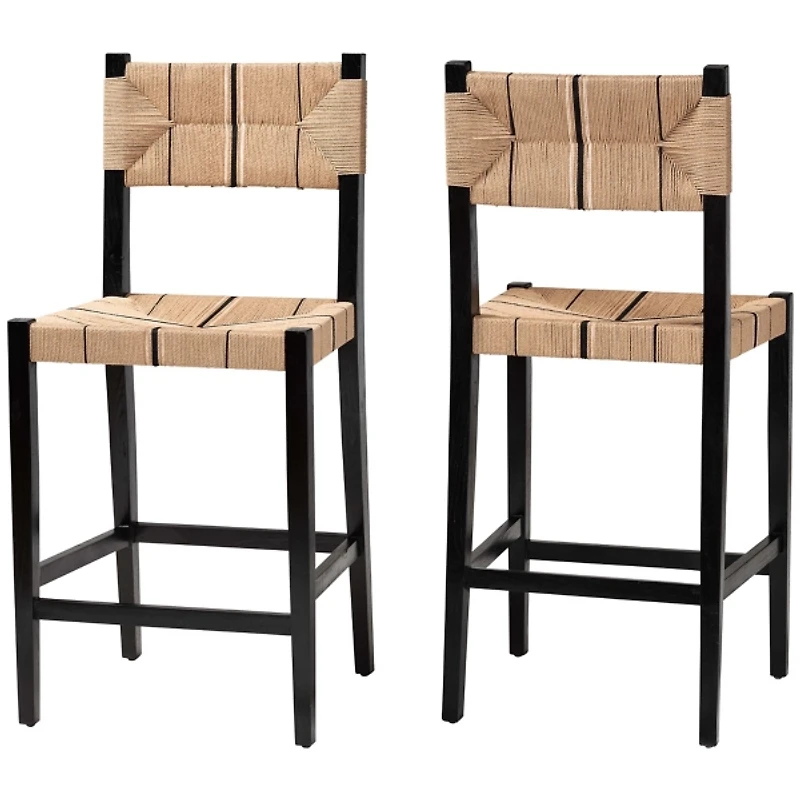 Black Wood Woven Prita Bar Stools, Set of 2