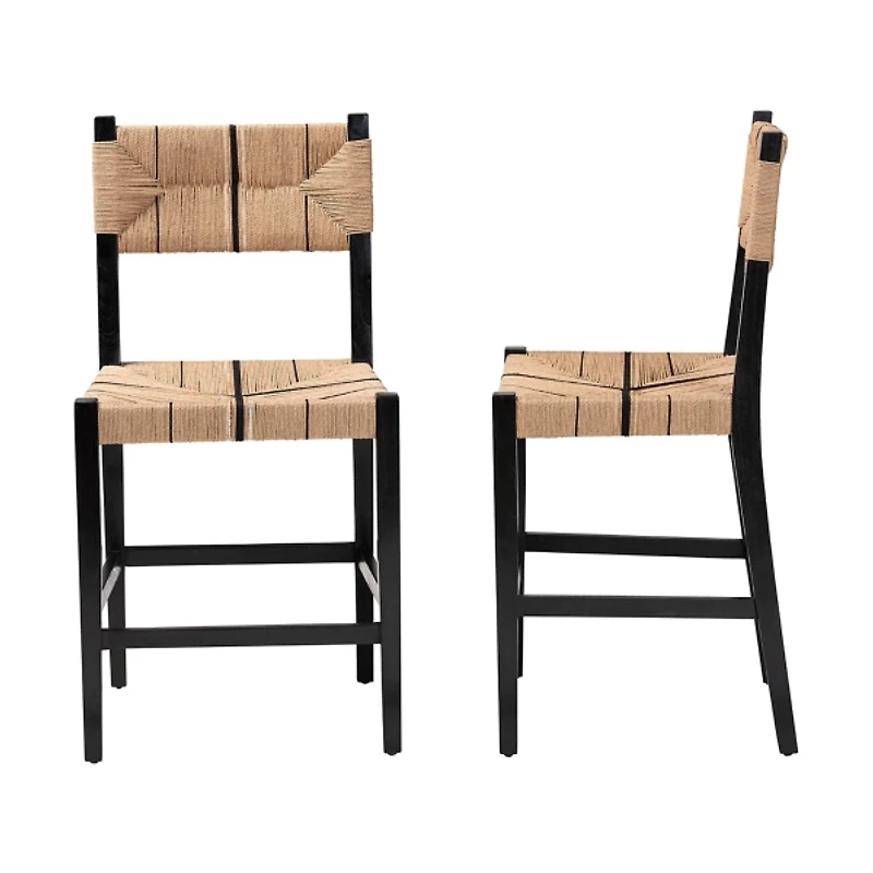 Black Wood Woven Prita Counter Stools, Set of 2