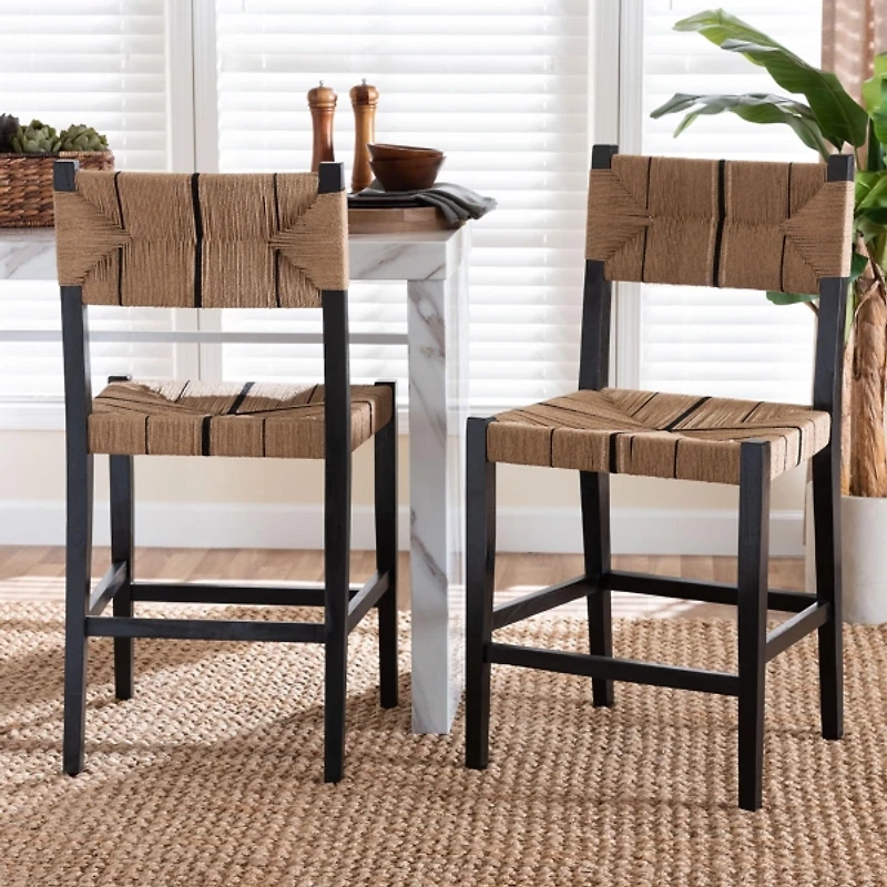 Black Wood Woven Prita Counter Stools, Set of 2