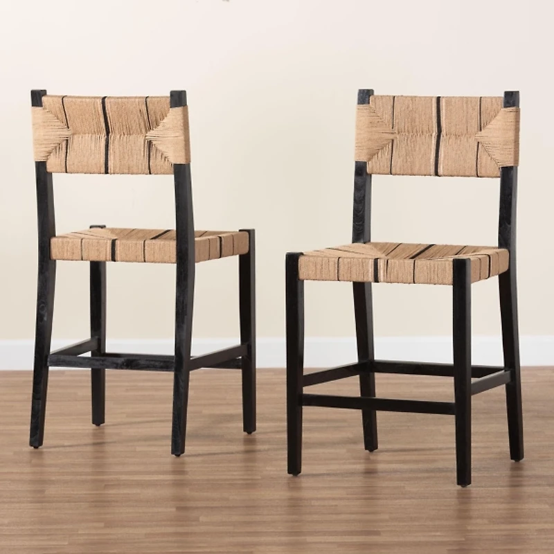 Black Wood Woven Prita Counter Stools, Set of 2