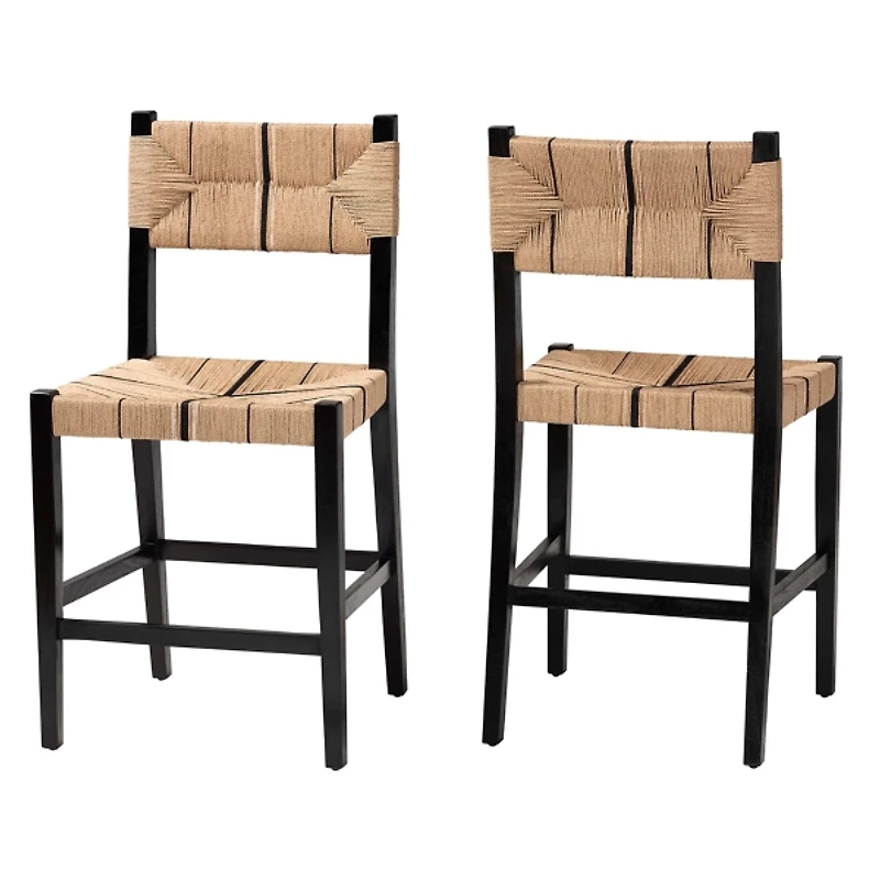 Black Wood Woven Prita Counter Stools, Set of 2