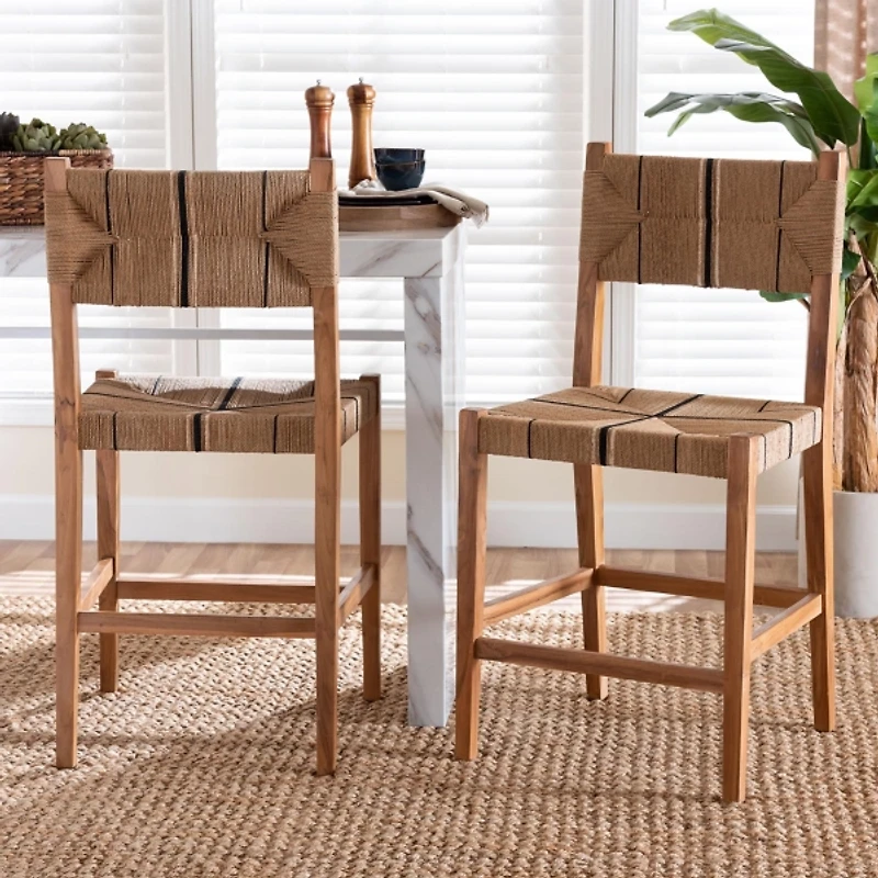 Natural Wood Woven Prita Counter Stools, Set of 2