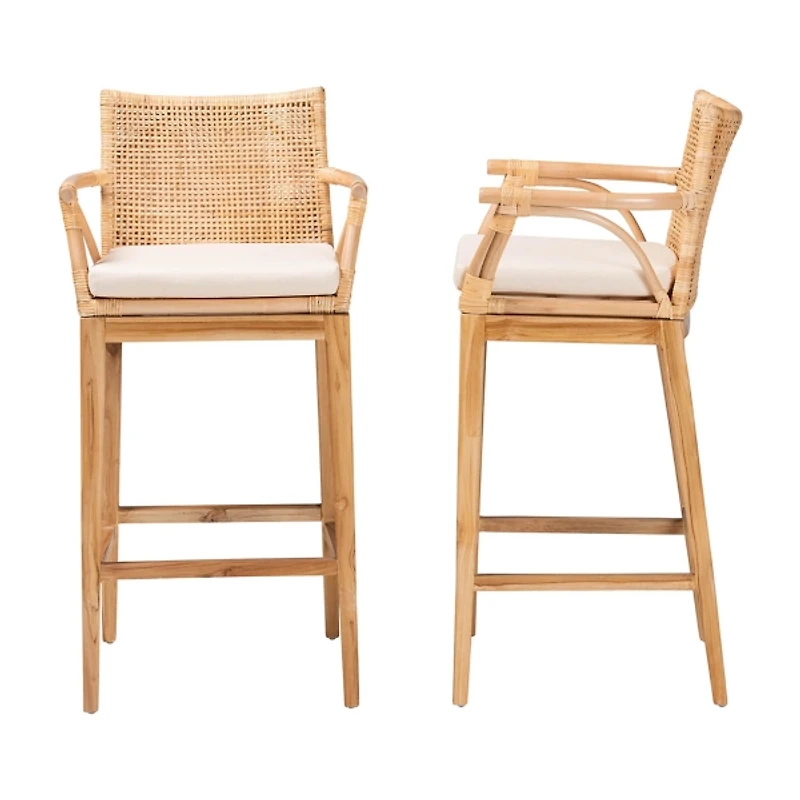 Natural Rattan & Teak Wood 2-pc. Bar Stool Set