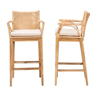 Natural Rattan & Teak Wood 2-pc. Bar Stool Set