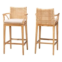 Natural Rattan & Teak Wood 2-pc. Bar Stool Set