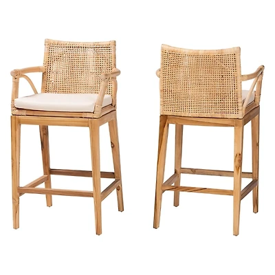 Natural Rattan & Teak Wood 2-pc. Counter Stool Set