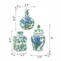 Green & Blue Botanical Porcelain Jars, Set of 3