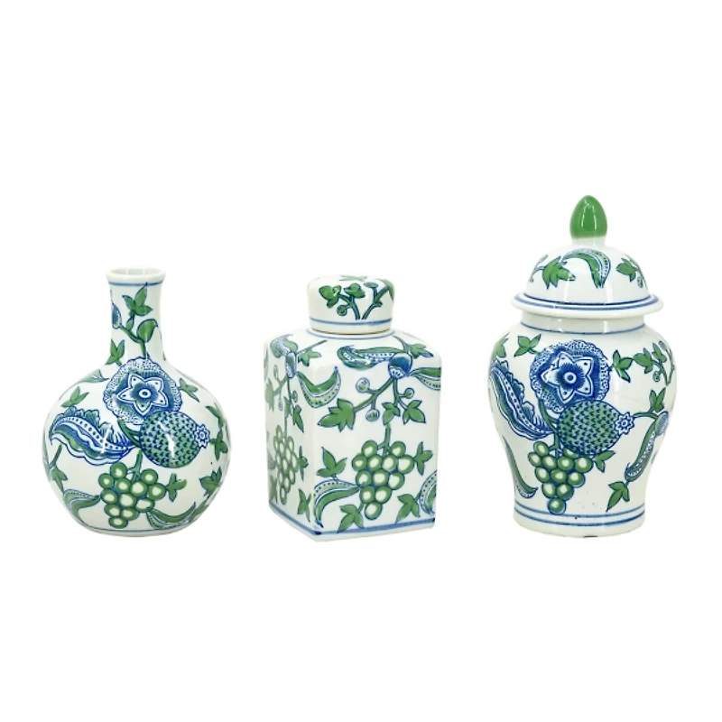 Green & Blue Botanical Porcelain Jars, Set of 3