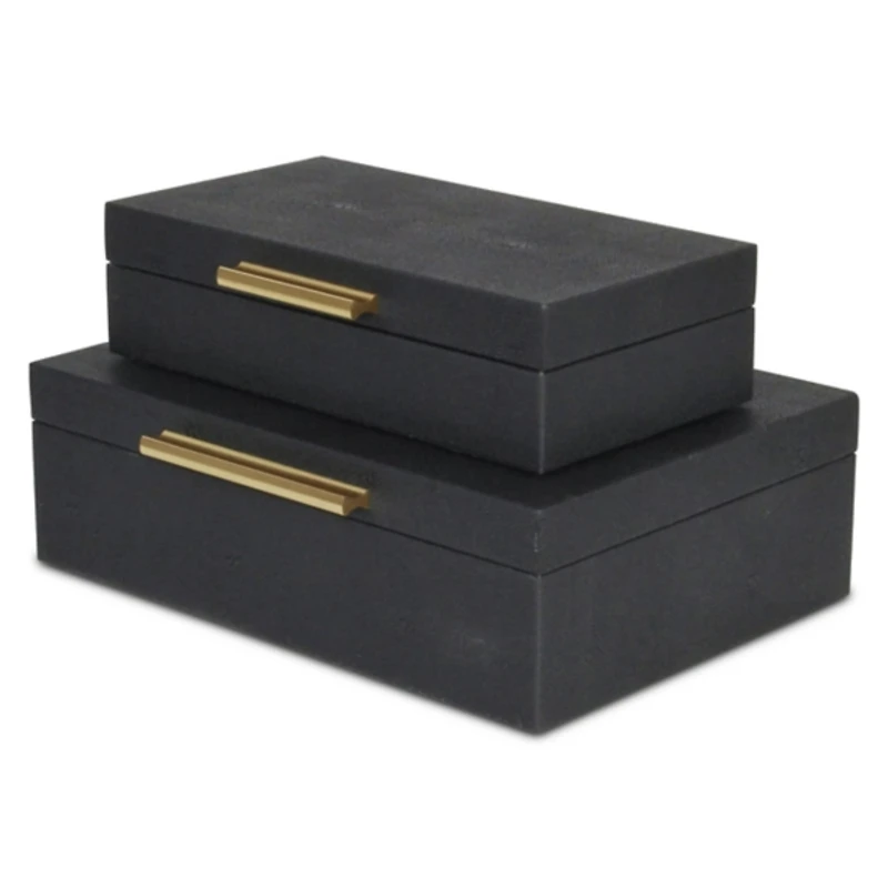 Black Faux Shagreen Decorative Boxes, Set of 2