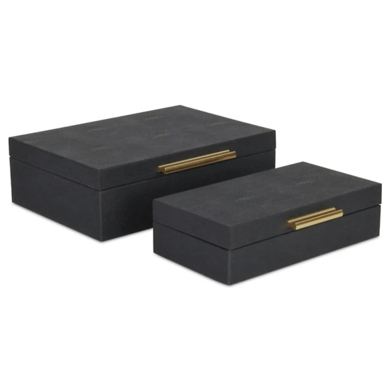 Black Faux Shagreen Decorative Boxes, Set of 2