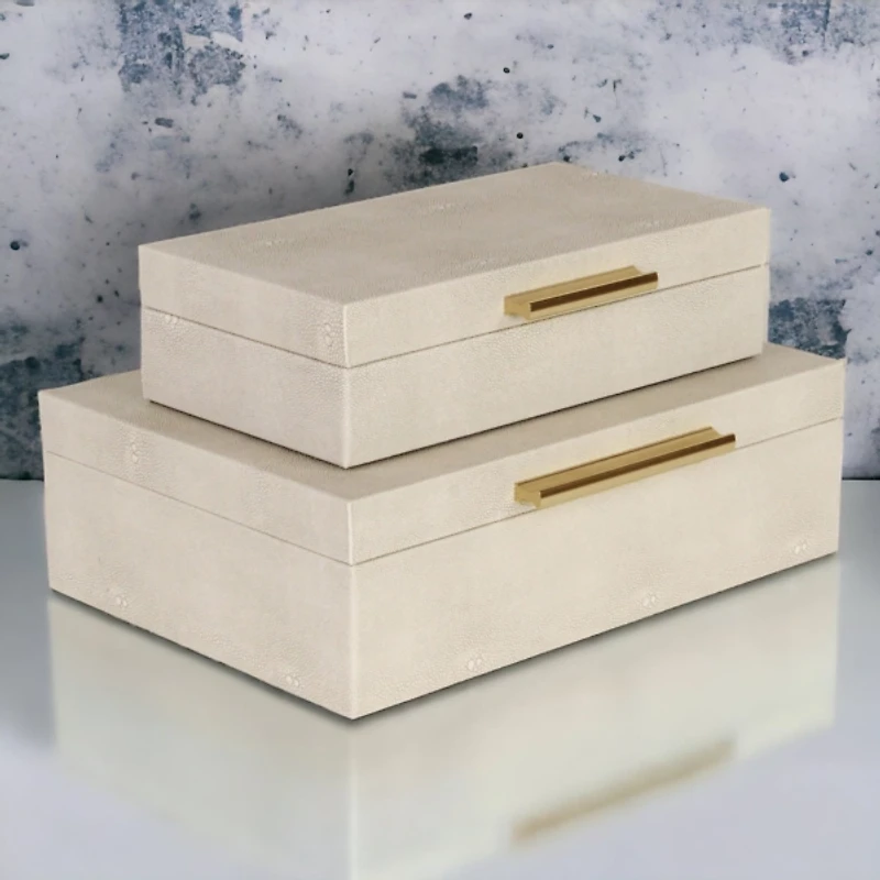 Cream Rectangle Faux Shagreen Boxes, Set of 2