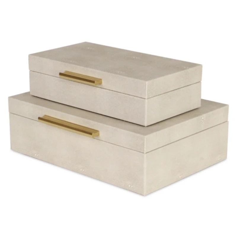 Cream Rectangle Faux Shagreen Boxes, Set of 2