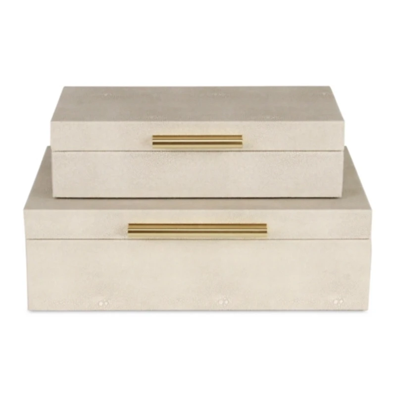 Cream Rectangle Faux Shagreen Boxes, Set of 2