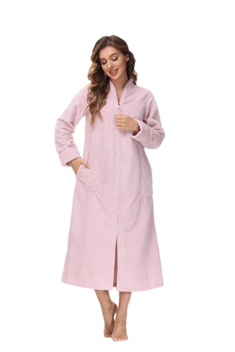 Medium Plush Pink Front Zipper Bathrobe