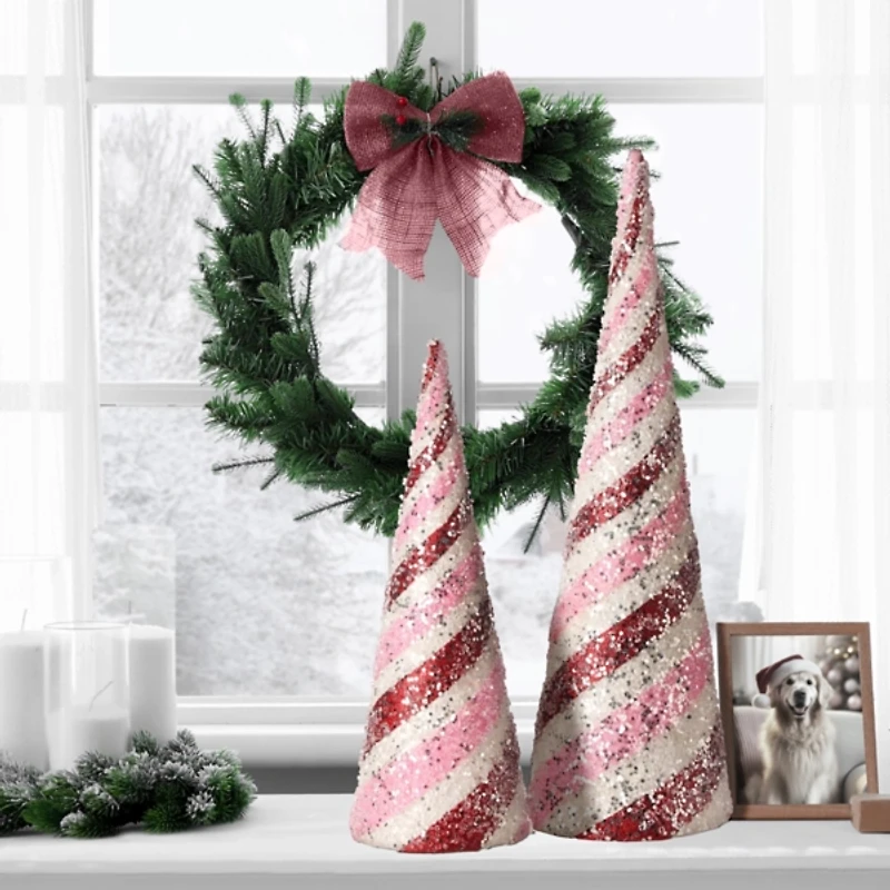Striped Glitter Cone Christmas Trees, Set of 2