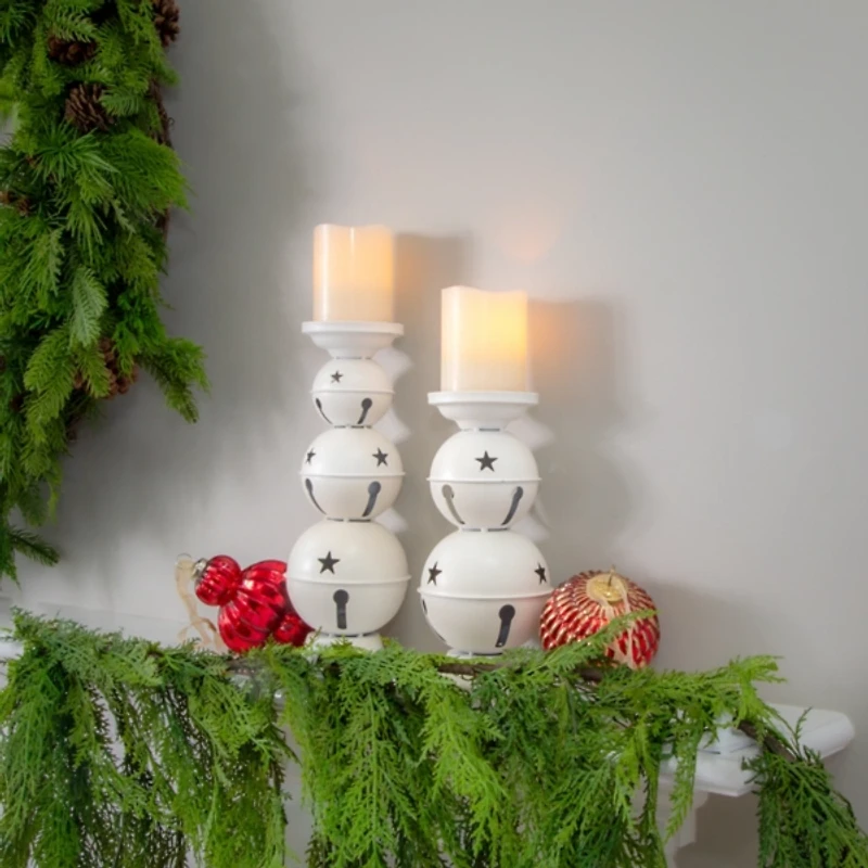 White Jingle Bells Candle Holders, Set of 2