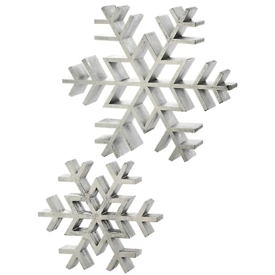 Antique Silver Wooden Snowflakes, Set of 2