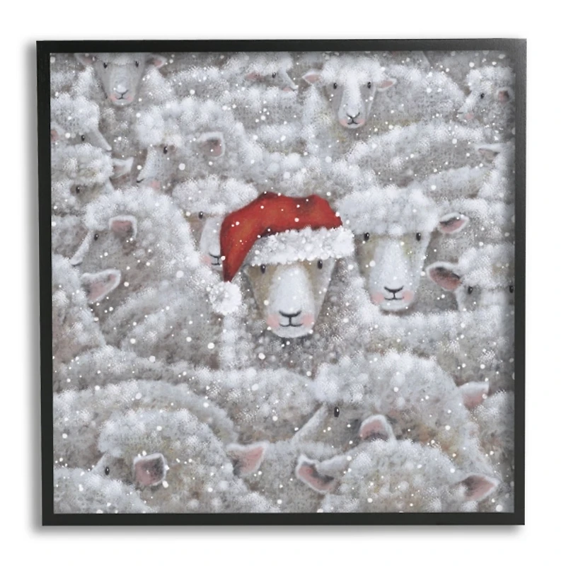 Sheep with Santa Hat Framed Canvas Art Print