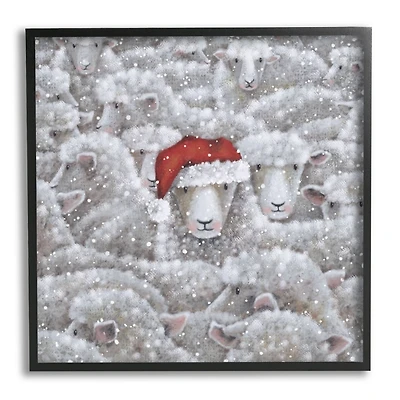 Sheep with Santa Hat Framed Canvas Art Print