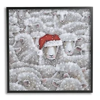 Sheep with Santa Hat Framed Canvas Art Print