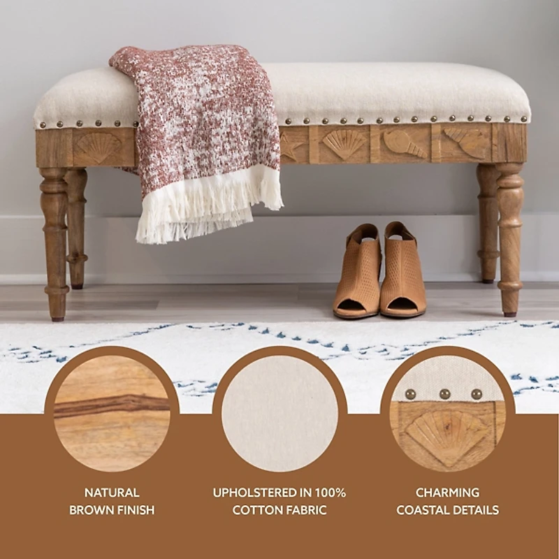 Ivory Upholstered Seashell Wood Bench