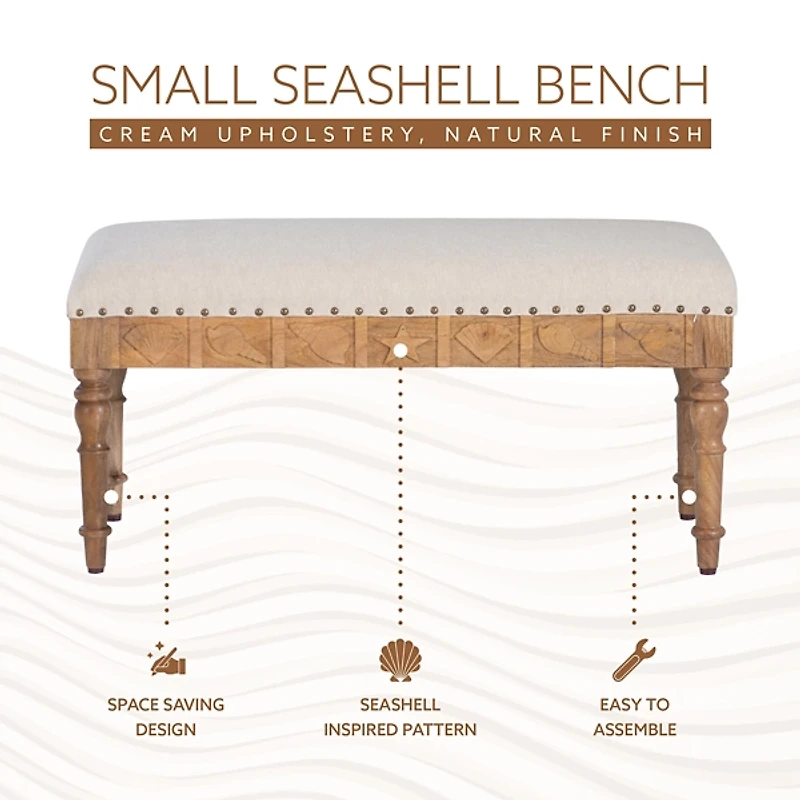 Ivory Upholstered Seashell Wood Bench