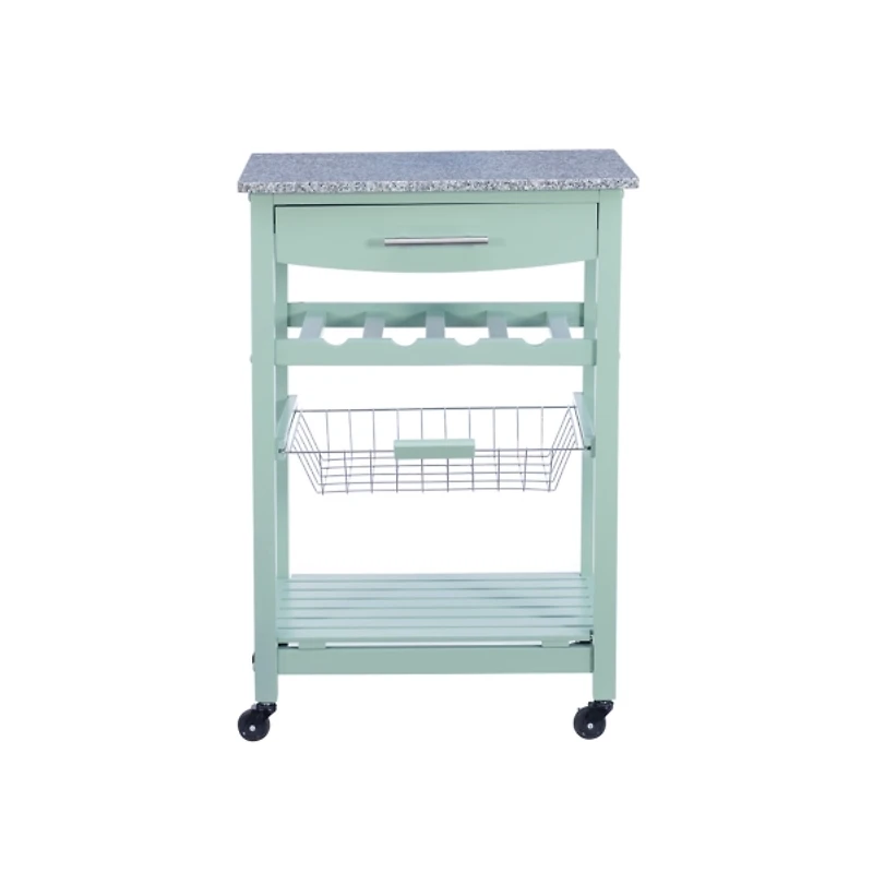 Mint Green Rolling Kitchen Cart with Granite Top