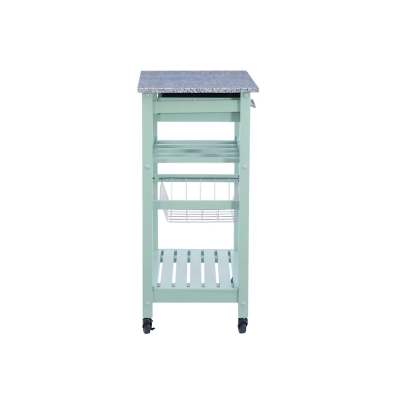 Mint Green Rolling Kitchen Cart with Granite Top
