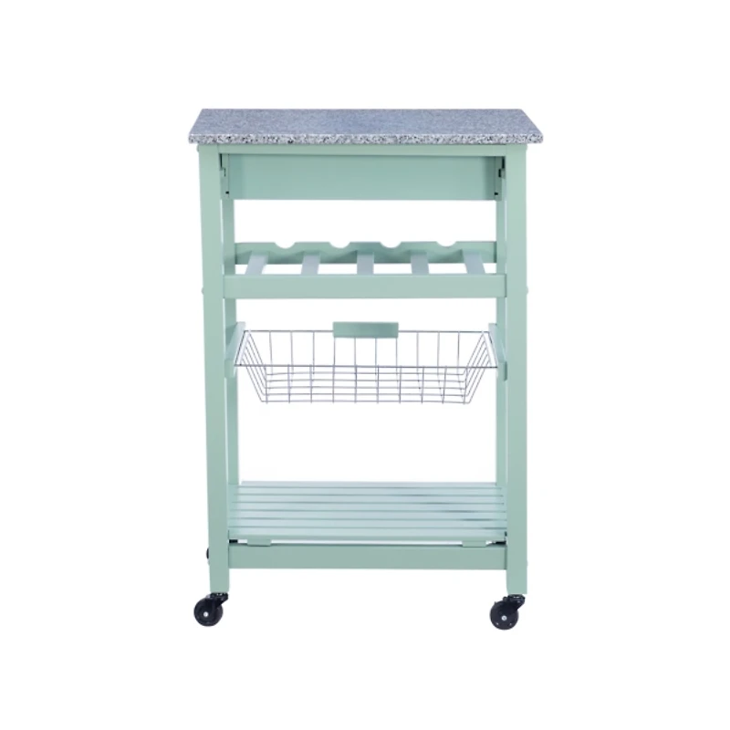 Mint Green Rolling Kitchen Cart with Granite Top