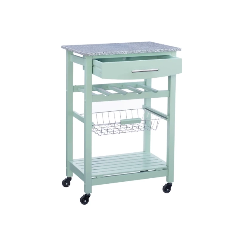 Mint Green Rolling Kitchen Cart with Granite Top