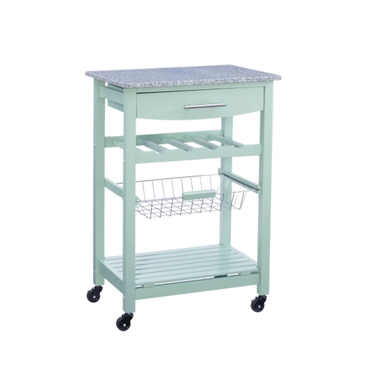 Mint Green Rolling Kitchen Cart with Granite Top