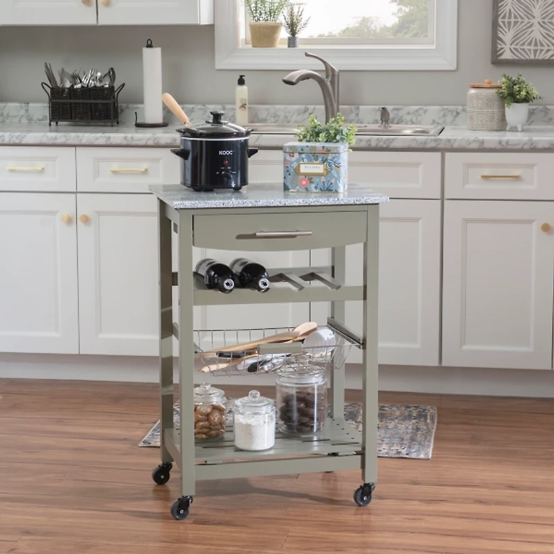 Warm Gray Rolling Kitchen Cart with Granite Top