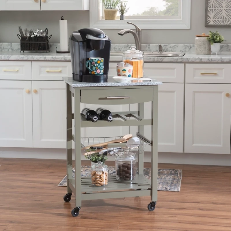 Warm Gray Rolling Kitchen Cart with Granite Top