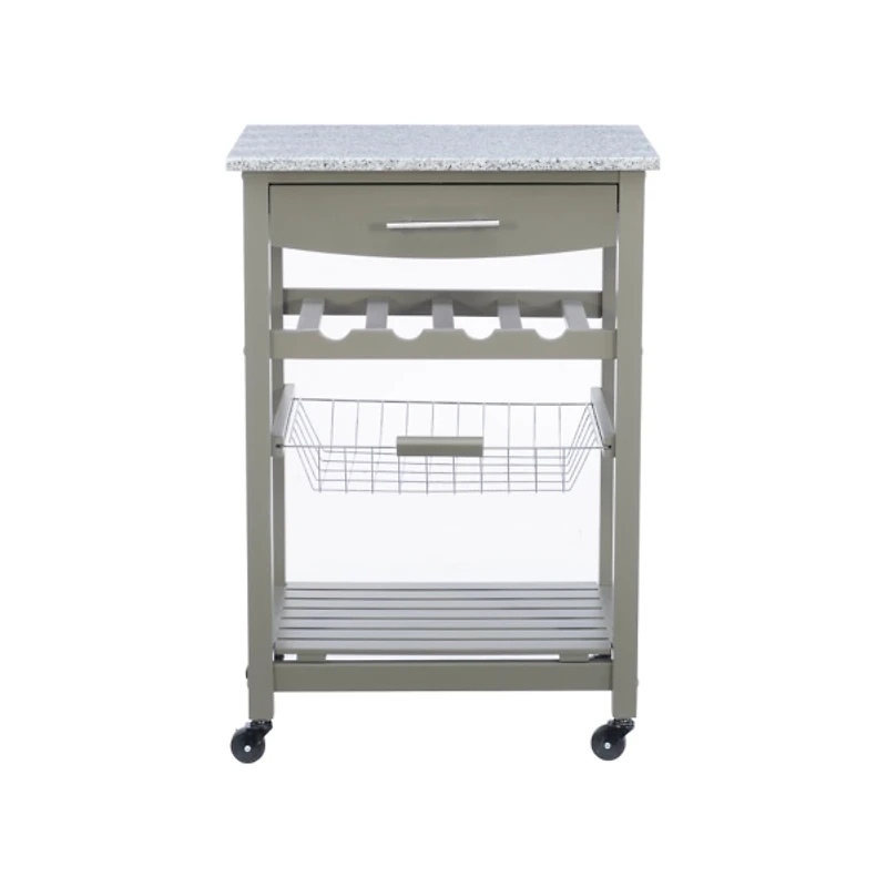 Warm Gray Rolling Kitchen Cart with Granite Top