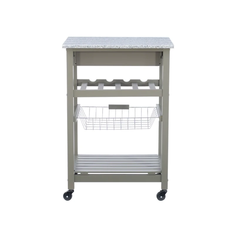 Warm Gray Rolling Kitchen Cart with Granite Top