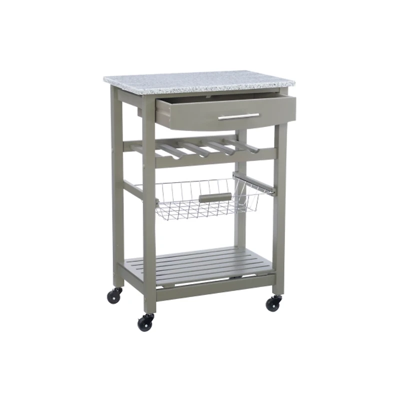 Warm Gray Rolling Kitchen Cart with Granite Top