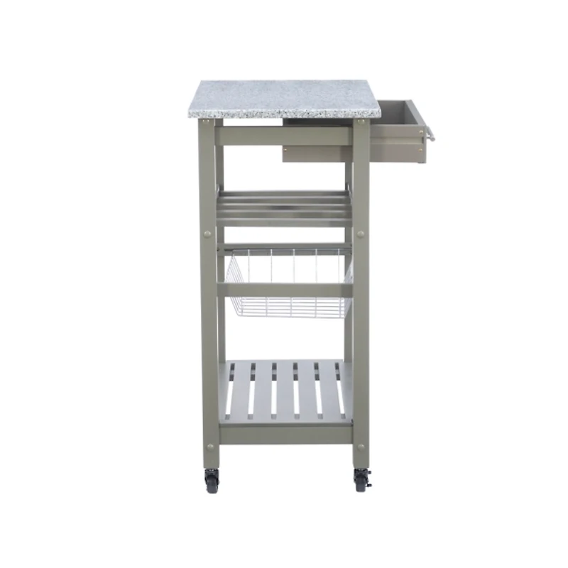 Warm Gray Rolling Kitchen Cart with Granite Top