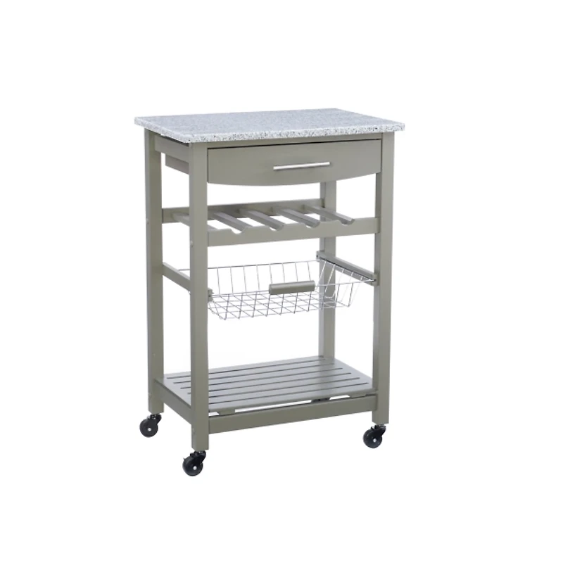 Warm Gray Rolling Kitchen Cart with Granite Top