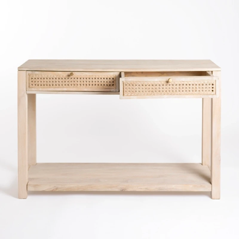 Whitewash Woven Cane 2-Drawer Console Table
