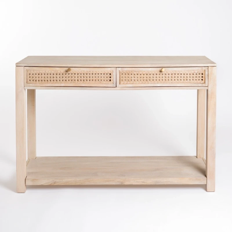 Whitewash Woven Cane 2-Drawer Console Table
