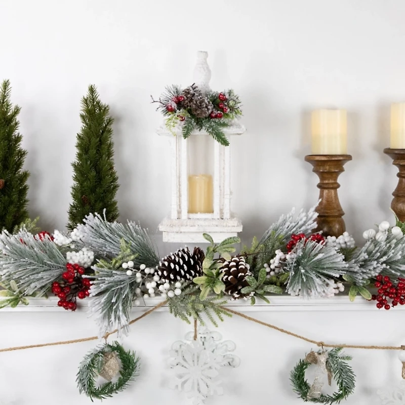 LED White Christmas Lantern with Greenery