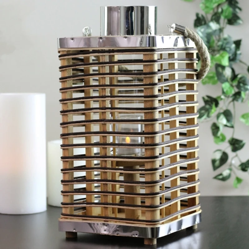 Square Rattan Hurricane Lantern with Jute Rope