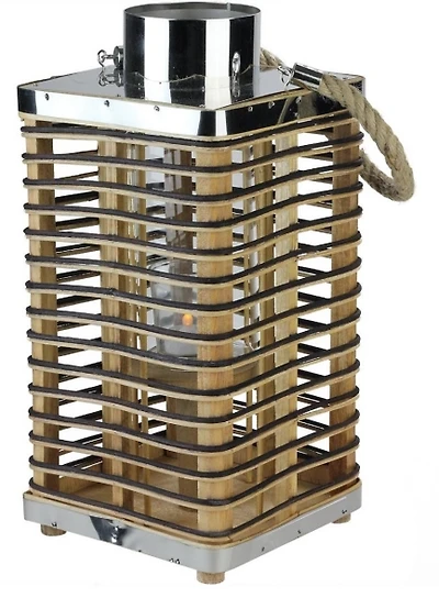 Square Rattan Hurricane Lantern with Jute Rope