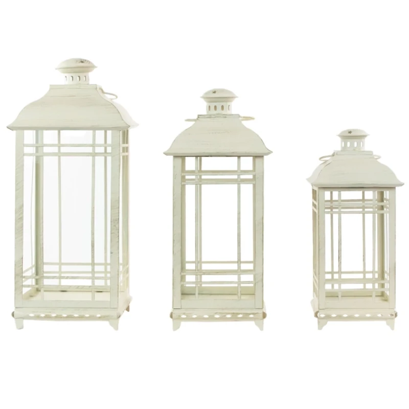 Antique Cream Metal Lanterns, Set of 3