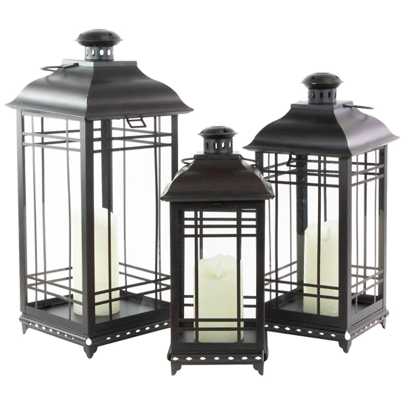 Distressed Black Metal Lanterns, Set of 3