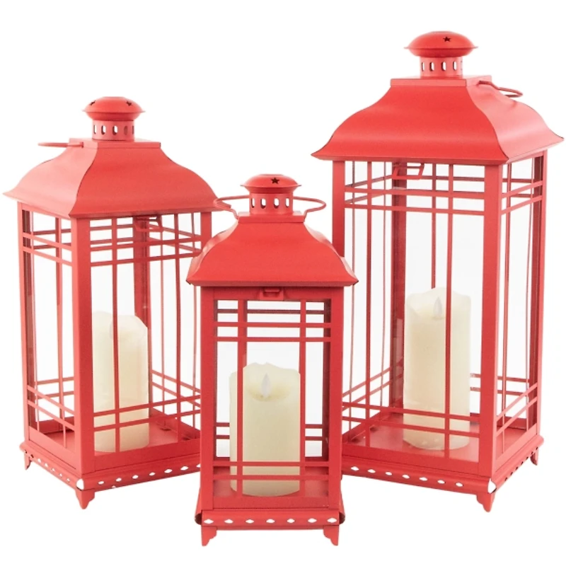 Red Metal and Glass Decorative Lanterns, Set of 3